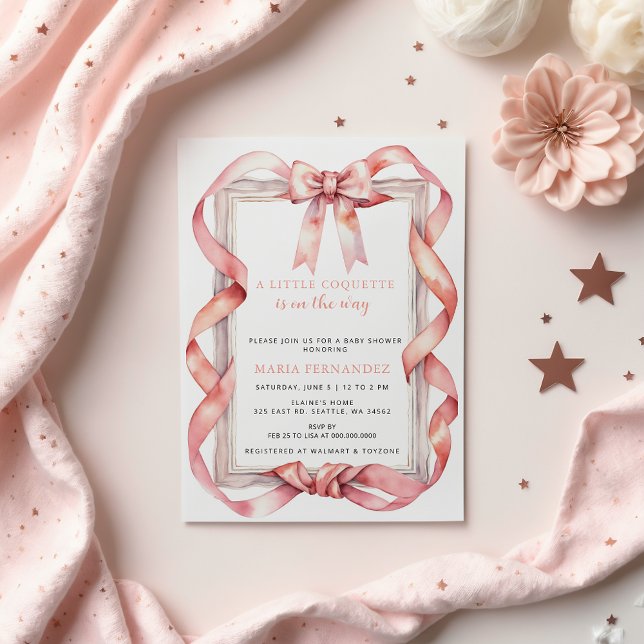 Convite Chá de fraldas Arco Rosa rico Coquette Chic (Fancy Chic Coquette Pink Bow Girl Baby Shower Invitation)