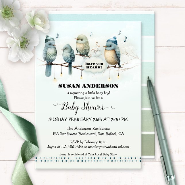 Convite Chá de fraldas Artístico Da Música Cute Bird (Baby shower invitation featuring artistic cute birds singing about the soon to arrive baby boy)