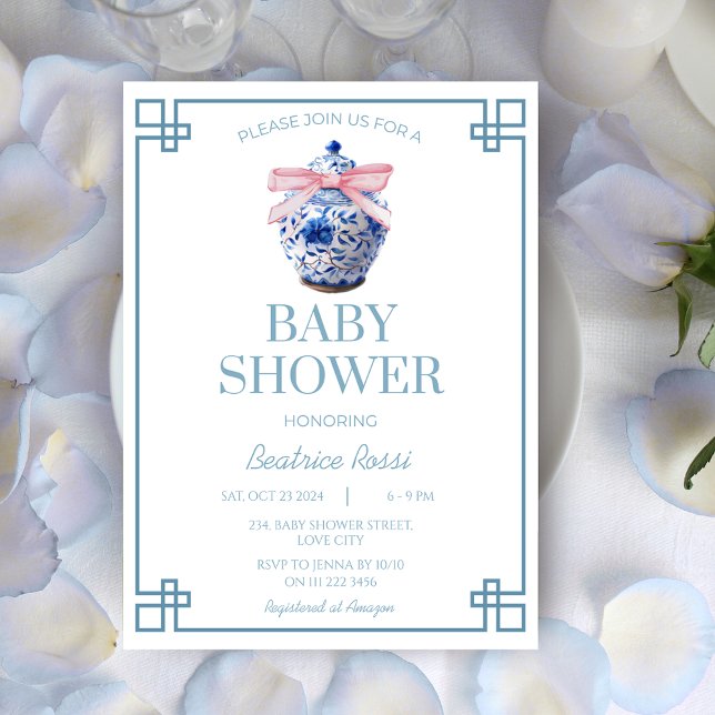 Convite Chá de fraldas Asiático de Chinoiserie Preppy Ging (Chinoiserie Preppy Ginger Jar Asian Baby Shower Invitation)