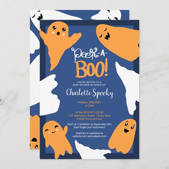 Convite Chá de fraldas azul-alaranjado boo das bruxas (Frente/Verso)