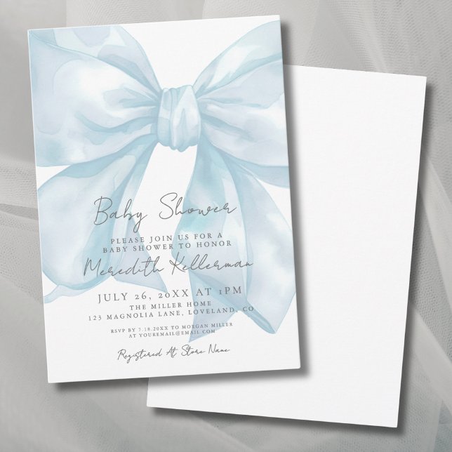 Convite Chá de fraldas azul-Arco Elegante (Elegant Light Blue Bow Baby Shower Invitation)