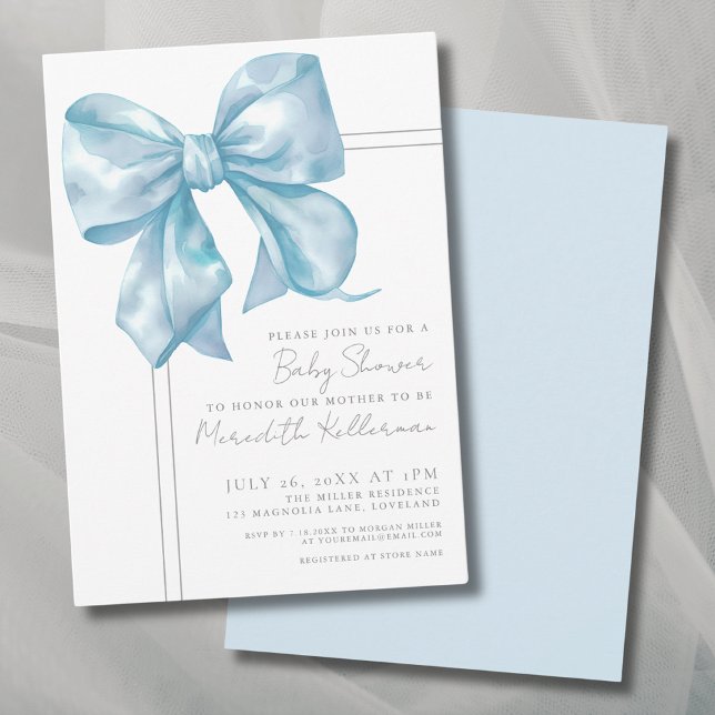 Convite Chá de fraldas azul-Arco Elegante (Elegant Light Blue Bow Baby Shower Invitation )