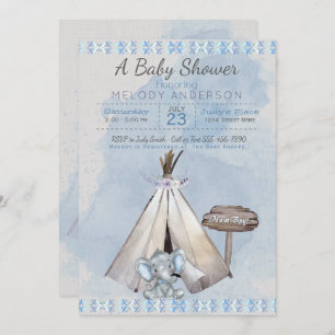 Convite Chá de fraldas azul Boho Baby Elephant & Tipi