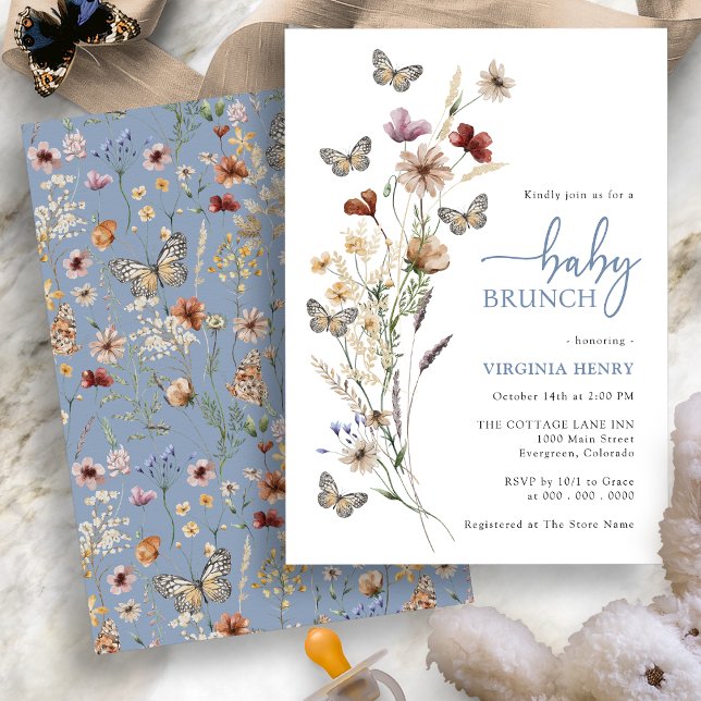 Convite Chá de fraldas Azul Borboleta (Boho Wildflowers Butterfly Blue Baby Shower Invitation by Painted Paperie
)