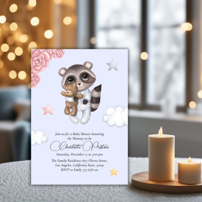 Convite Chá de fraldas Azul Cavalo Raccoon (Gentle Raccoon Animal Blue Baby Shower Invitation)
