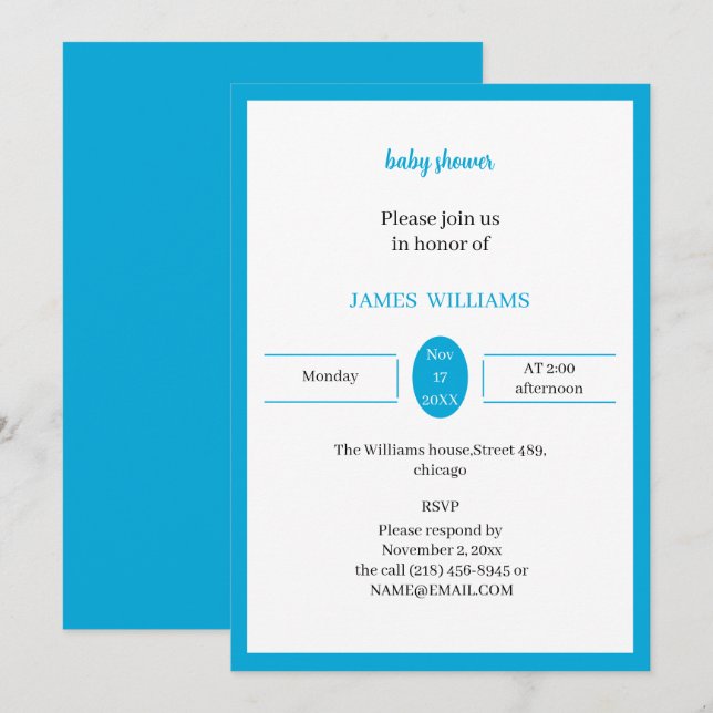 Convite Chá de fraldas Azul Claro Simples Personalizado (Frente/Verso)