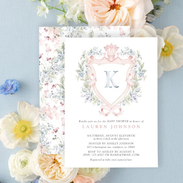 Convite Chá de fraldas Azul Cor - de - Rosa Monograma (Baby Shower Invitation!)