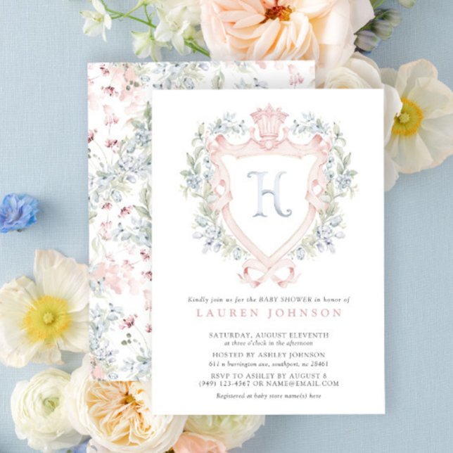 Convite Chá de fraldas Azul Cor - de - Rosa Monograma (Baby Shower Invitation!)