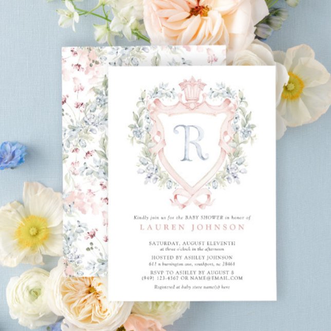 Convite Chá de fraldas Azul Cor - de - Rosa Monograma (Baby Shower Invitation!)