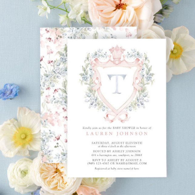 Convite Chá de fraldas Azul Cor - de - Rosa Monograma (Baby Shower Invitation!)