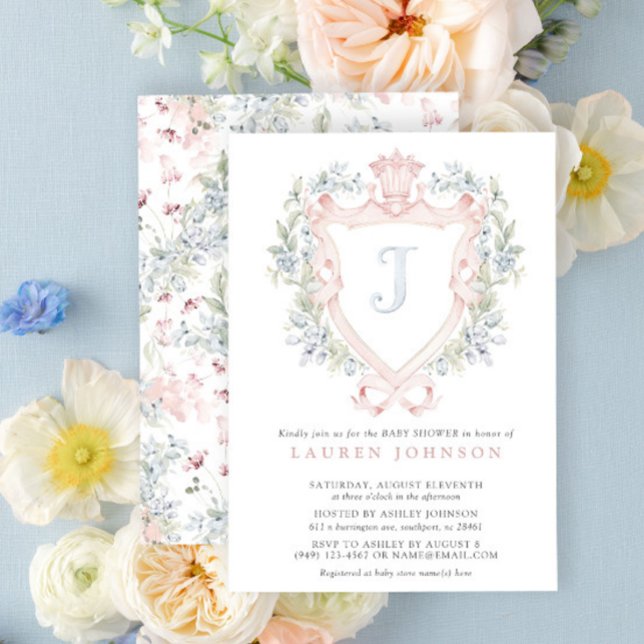 Convite Chá de fraldas Azul Cor - de - Rosa Monograma (Easily personalize this crest baby shower invitation for a grand, beautiful baby shower!)