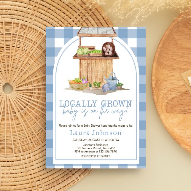 Convite Chá de fraldas azul cultivado localmente (Blue Locally Grown Farmers Market Baby Shower Invitation )