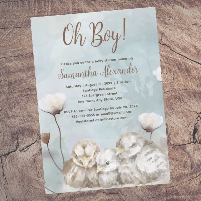 Convite Chá de fraldas azul de aquarela (Oh Boy! Blue boho watercolor duck parents with baby duck.  Baby  shower invitation.  Whimsical.)