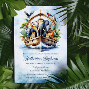 Convite Chá de fraldas Azul de Bichinhos-de-Arca de Noah