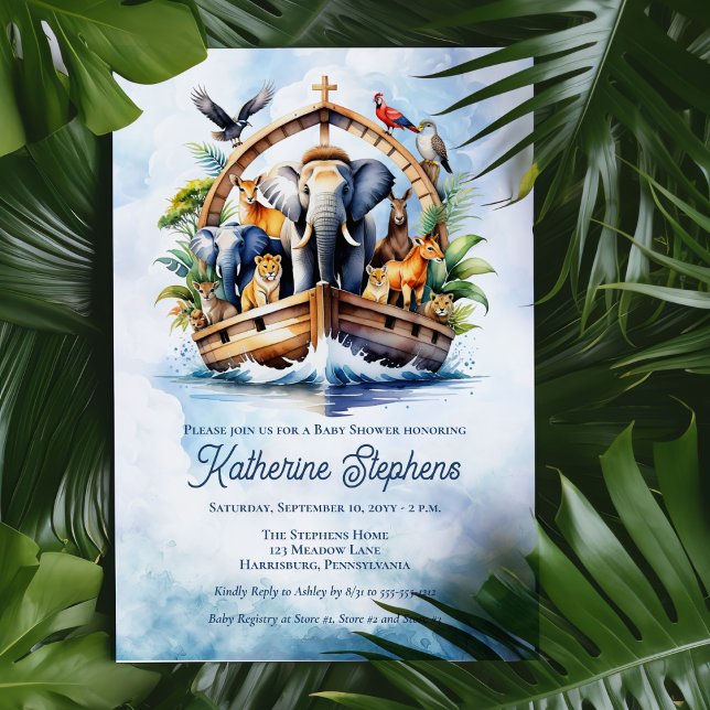 Convite Chá de fraldas Azul de Bichinhos-de-Arca de Noah (Noah's Ark Cute Animals Blue Boy Baby Shower Invitation)