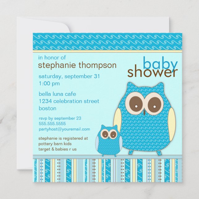 Convite Chá de fraldas Azul de Coruja e Bebê (Frente)