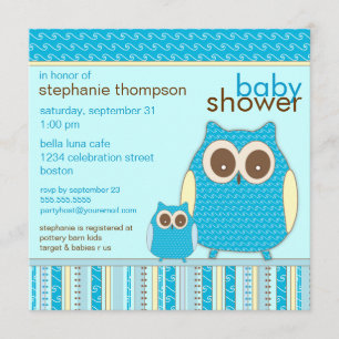 Convite Chá de fraldas Azul de Coruja e Bebê