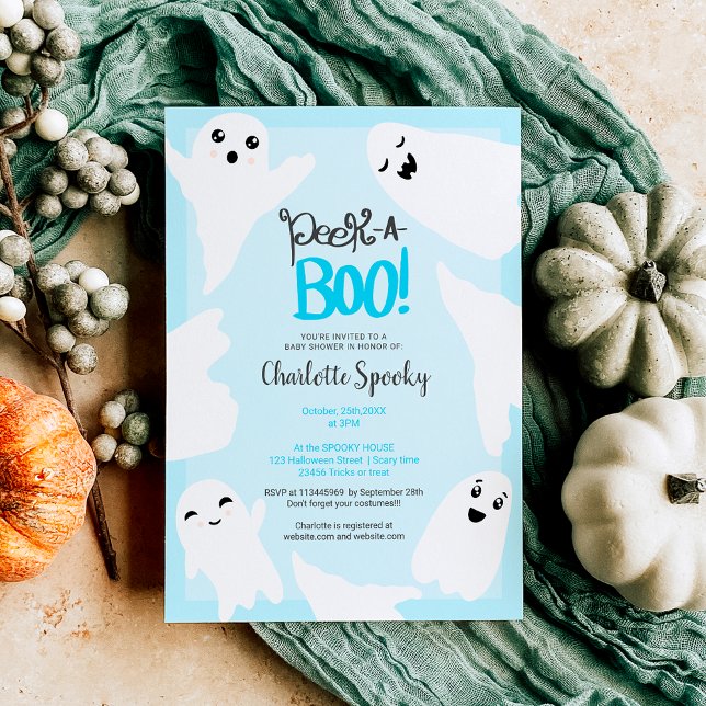 Convite Chá de fraldas azul de dois fantasmas do Dia das B (Cute Halloween boo ghosts blue baby shower Invitation)