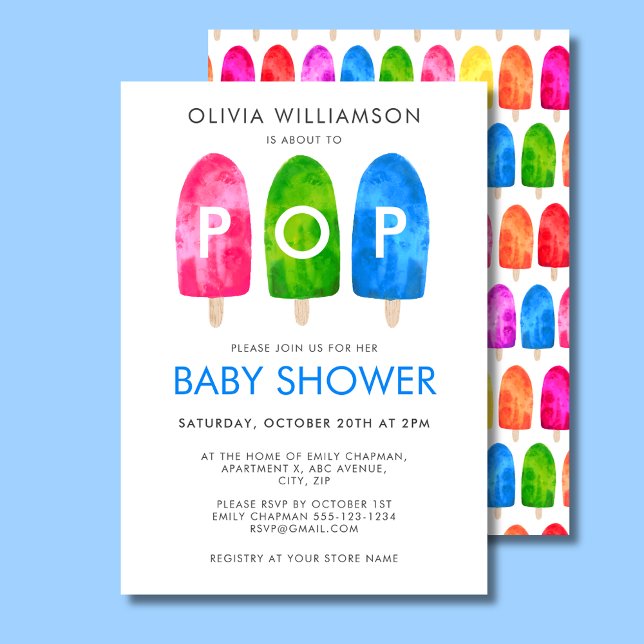 Convite Chá de fraldas azul de picolé pronto para Pop (Ready to Pop Ice Lolly Baby Shower Invitation Baby Boy Blue)