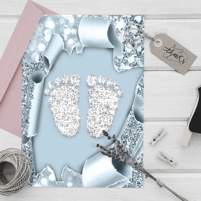 Convite Chá de fraldas Azul de Prata - Brilho (Silver Blue Baby Shower Feet Boy Glitter Invitation)