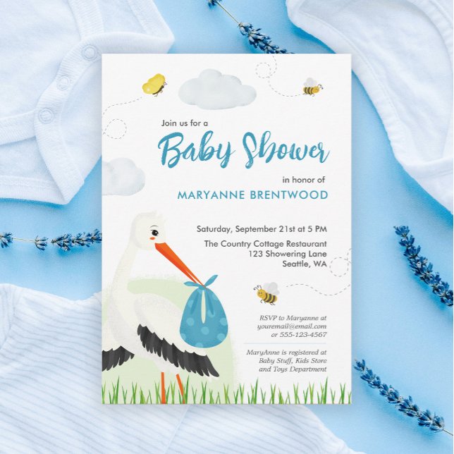 Convite Chá de fraldas Azul de Tempestade (Blue stork baby shower or baby sprinkle boy theme invitation template personalized )