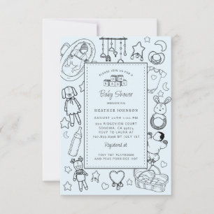 Convite Chá de fraldas Azul Desenhado na Mão Bonito