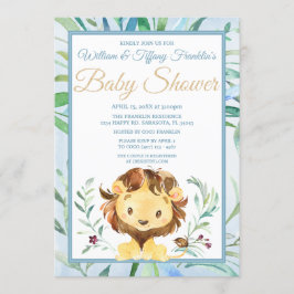 Convite Chá de fraldas Azul do Garoto Leão de Aquarela