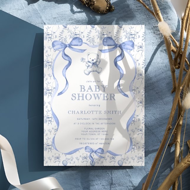 Convite Chá de fraldas Azul do Urso de Banho (Criador carregado)