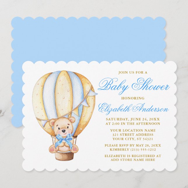 Convite Chá de fraldas Azul do Urso do Ar com Balão de Águ (Frente/Verso)