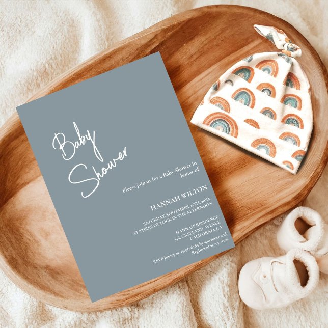 Convite Chá de fraldas Azul Dusty, de Caligrafia Moderna (Criador carregado)