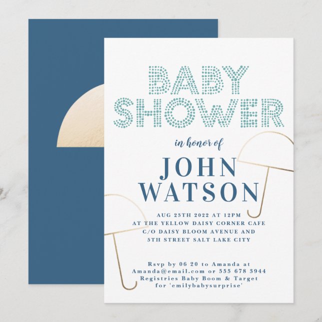 Convite Chá de fraldas azul e branco da folha de ouro (Frente/Verso)