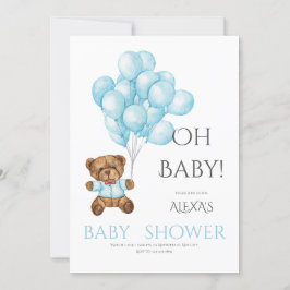 Convite Chá de fraldas azul e fofo Oh com o balão do urso