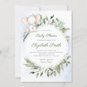 Convite Chá de fraldas Azul Elefante Verde Foliage Boy 