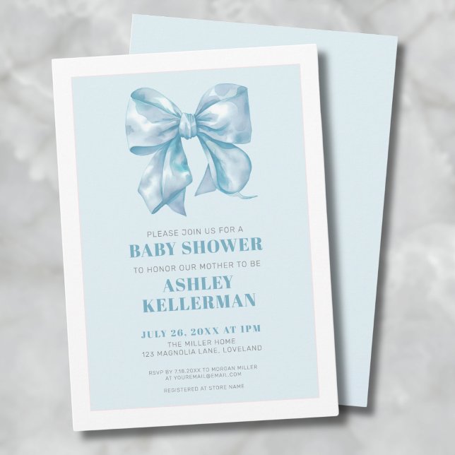 Convite Chá de fraldas azul Elegante (Blue Bow Baby Shower Invitation)