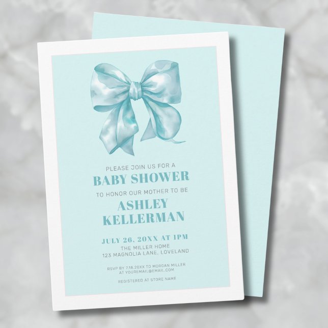 Convite Chá de fraldas azul Elegante (Teal Blue Bow Baby Shower Invitation)