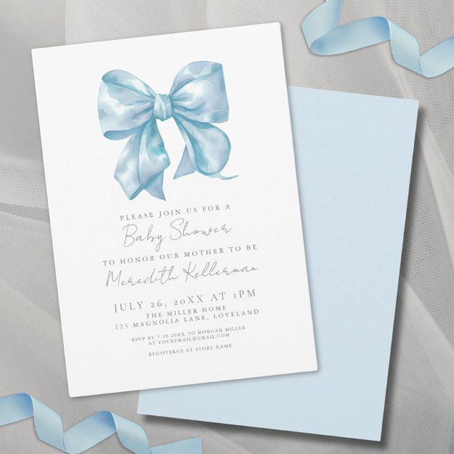 Convite Chá de fraldas azul Elegante simples (Simple Elegant Blue Bow Baby Shower Invitation)