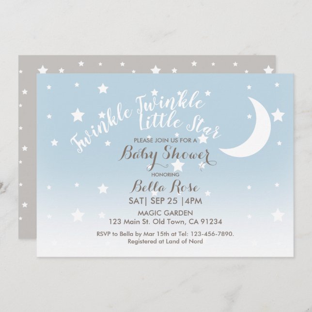 Convite Chá de fraldas azul-estrela cintilante (Frente/Verso)