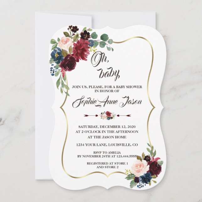 Convite Chá de fraldas azul Marinho de Merlot Dourado Char (Frente)