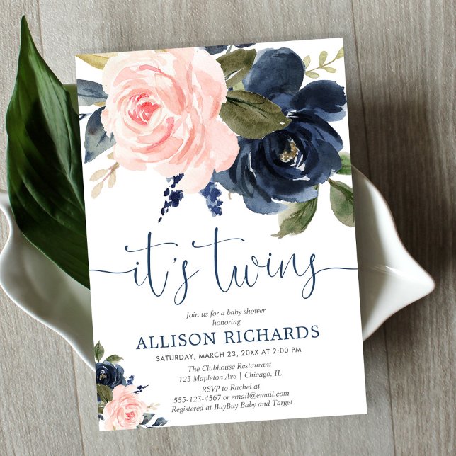 Convite Chá de fraldas azul-marinho-rosa-azul de gêmeos fl (Criador carregado)
