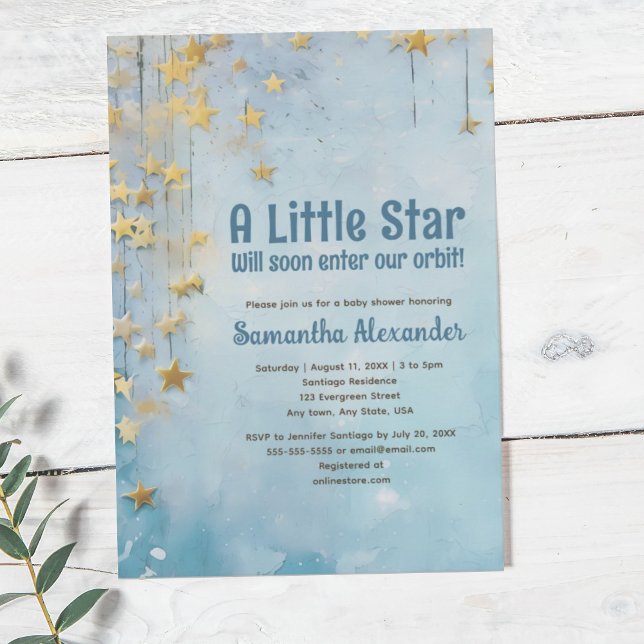 Convite Chá de fraldas azul Pequeno Estrela (Little Star blue baby shower invitation. Celestial. Hanging stars on twilight blue background.)