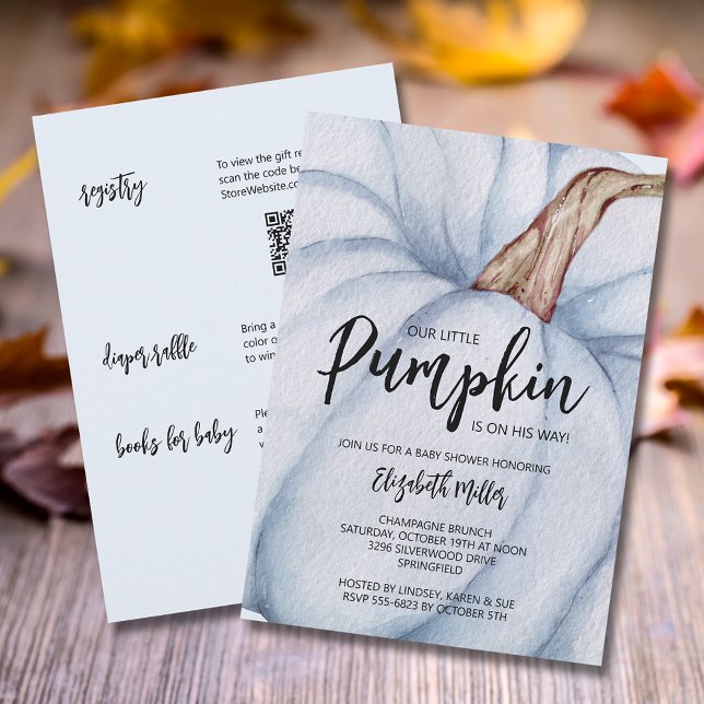 Convite Chá de fraldas Azul Pumpkin Menino Em Um Único (Blue pumpkin boy baby shower all in one invitations,  registry, diaper raffle & books for baby )
