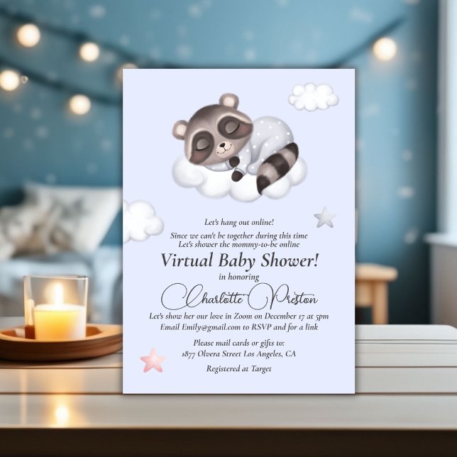 Convite Chá de fraldas Azul Raccoon Gentle Baby Boy Virtua (Gentle Baby Boy Raccoon Blue Baby Shower Virtual Invitation)