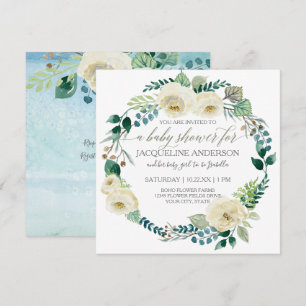 Convite Chá de fraldas Azul, rosas brancas, Folha de folha