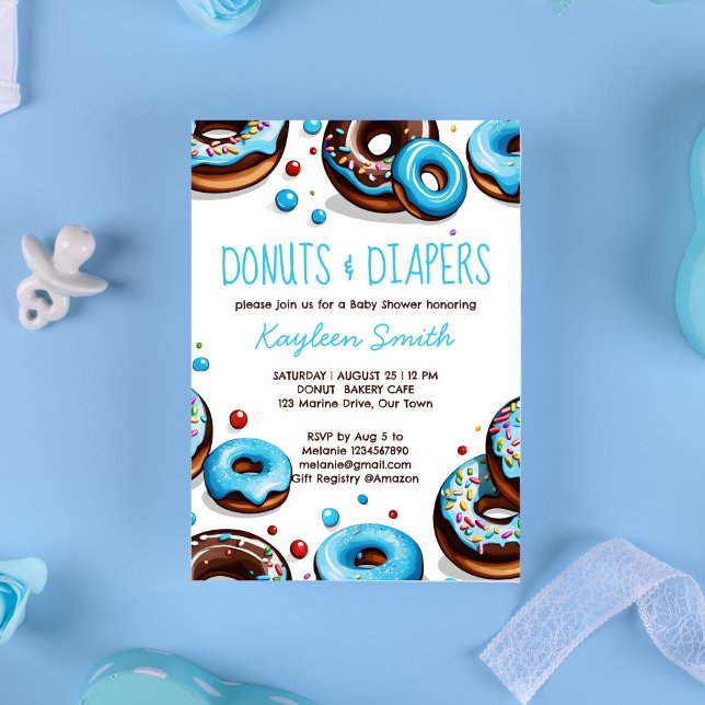 Convite chá de fraldas azul-rosquinha e fraldas (Donuts and diapers blue chocolate brown sprinkles whimsical donuts baby shower invitation template )