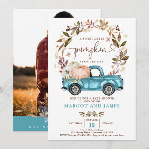 Convite Chá de fraldas Azul Rústico Pumpkin Caminhão Sa