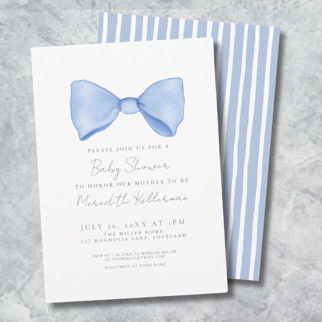 Convite Chá de fraldas Azul Simples (Simple Blue Bow Baby Shower Invitation)