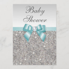 Convite Chá de fraldas Azul Teal Sequins de Silver Falsos