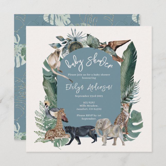 Convite Chá de fraldas azul tropical de aquarela animal se (Frente/Verso)