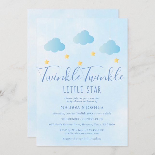 Convite Chá de fraldas Azul Twinkle Little Star Boy (Frente/Verso)