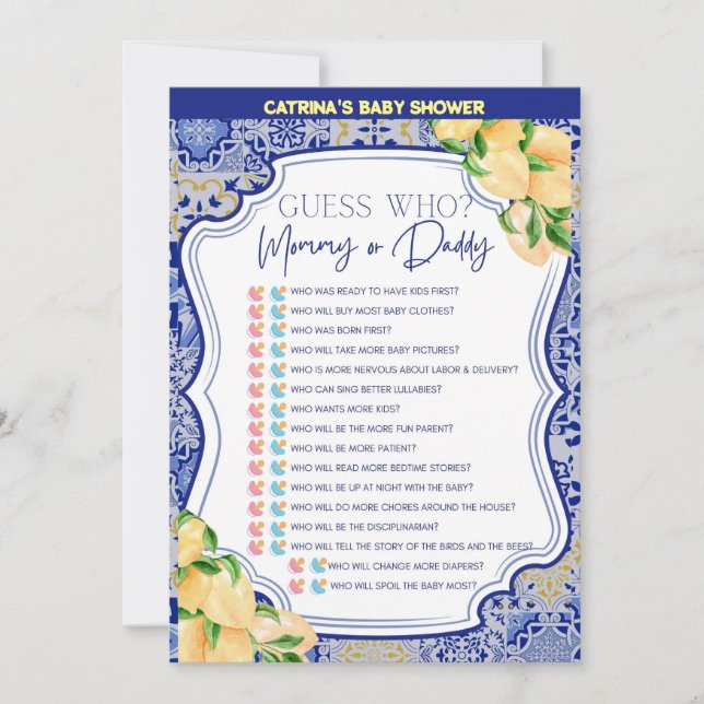 Convite Chá de fraldas Azulejos Azul-Limão - Nome Editável (Frente)